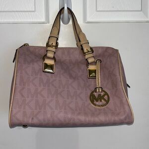 MK Michael Kors Grayson satchel purse bag monogram pink/tan Medium leather